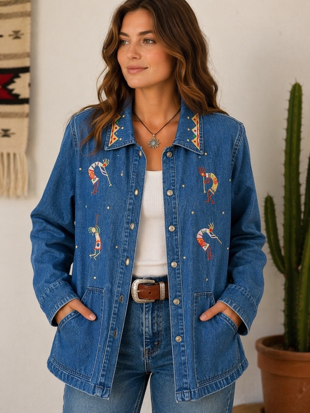 Vintage Cactus California Southwestern Embroidered Denim Jacket M
